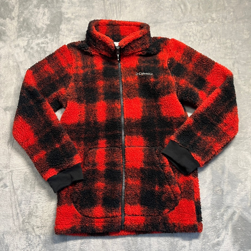 Columbia Fleece Jacket Youth M 10/12 Red Black Buffalo Plaid Sherpa Full Zip